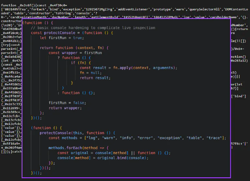 Evidence of anti-analysis implementation via console method hooking, limiting visibility during runtime inspection.