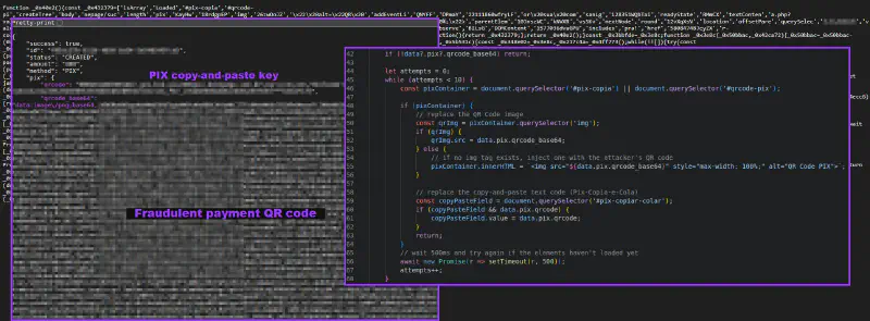 Example of attacker-controlled API response returning a base64-encoded QR Code and a corresponding PIX copy and paste key used to replace the original payment.