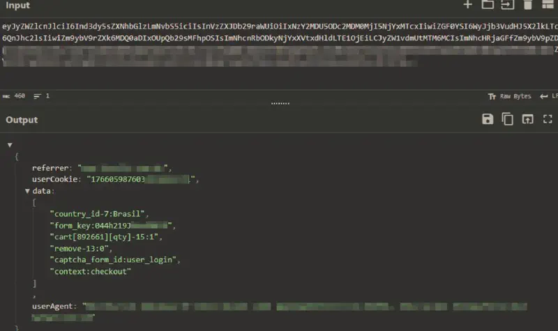 Decoded skimming exfiltration data revealing payment and victim information