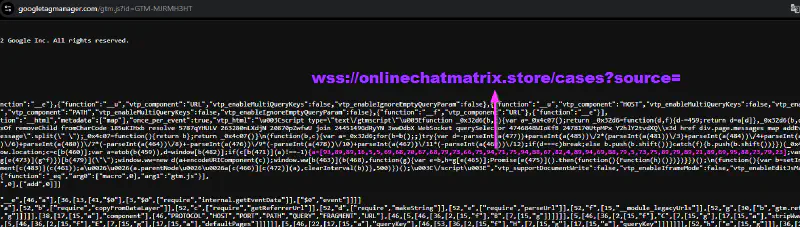 Malicious GTM container reconstructing a WebSocket endpoint at runtime