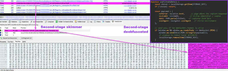 Second-stage skimmer retrieved over an active WebSocket connection